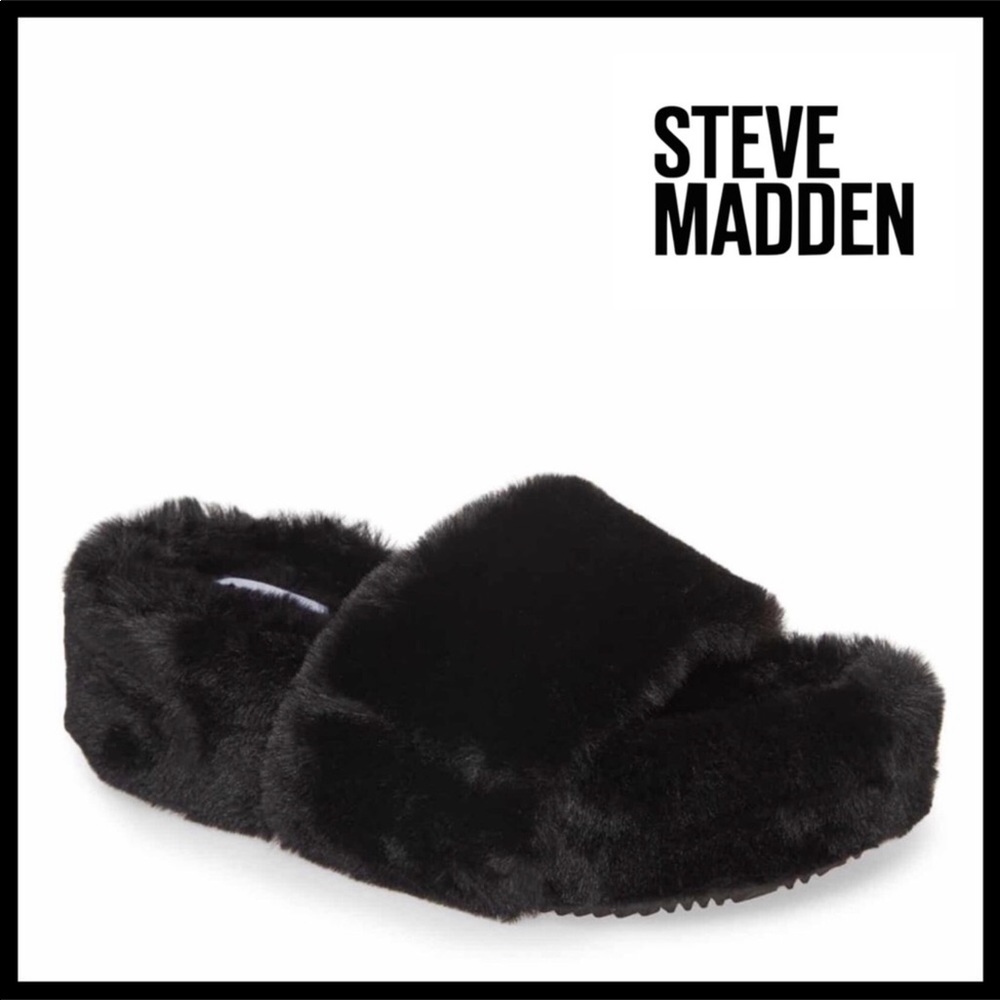 STEVE MADDEN FURRY SLIDES PLATFORM SANDALS - Picture 1 of 8